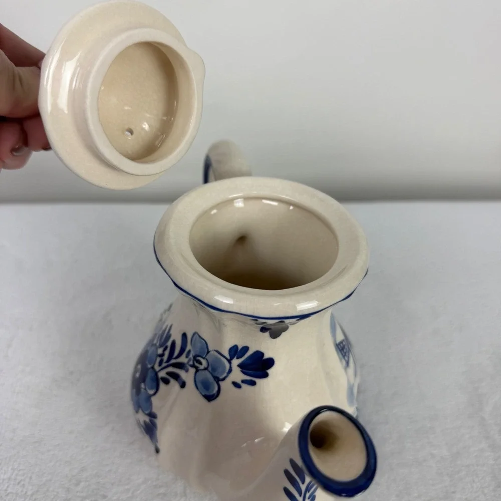 Delft Blue Handpainted Ceramic Teapot Windmill Floral Blue White Dutch Pottery‎